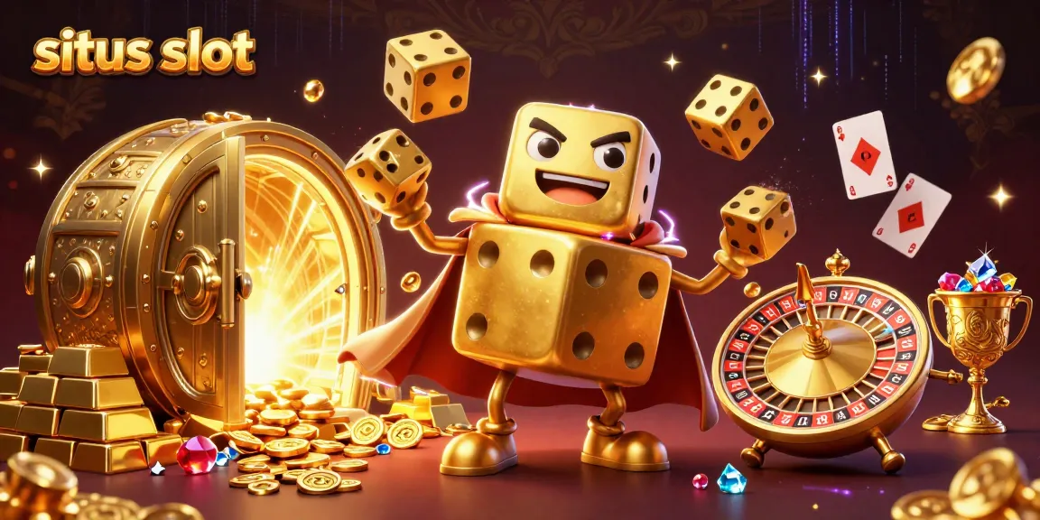 Visualisasikan situs slot dengan karakter dadu emas bergulir di sekitar harta karun