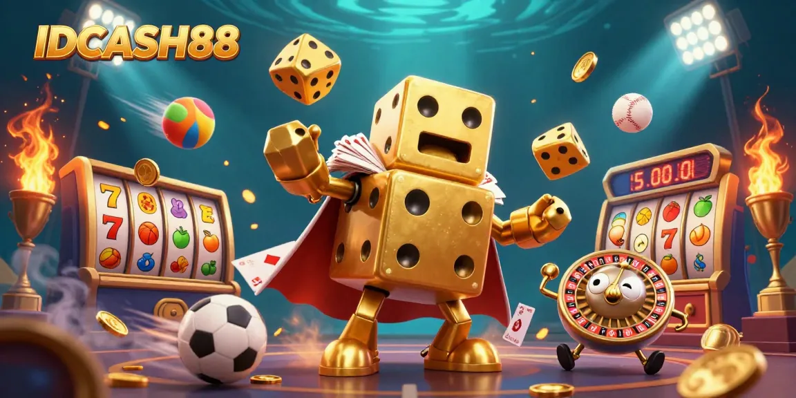 Join the excitement at IDCASH88, featuring dynamic dice and slot elements in an engaging casino scene.