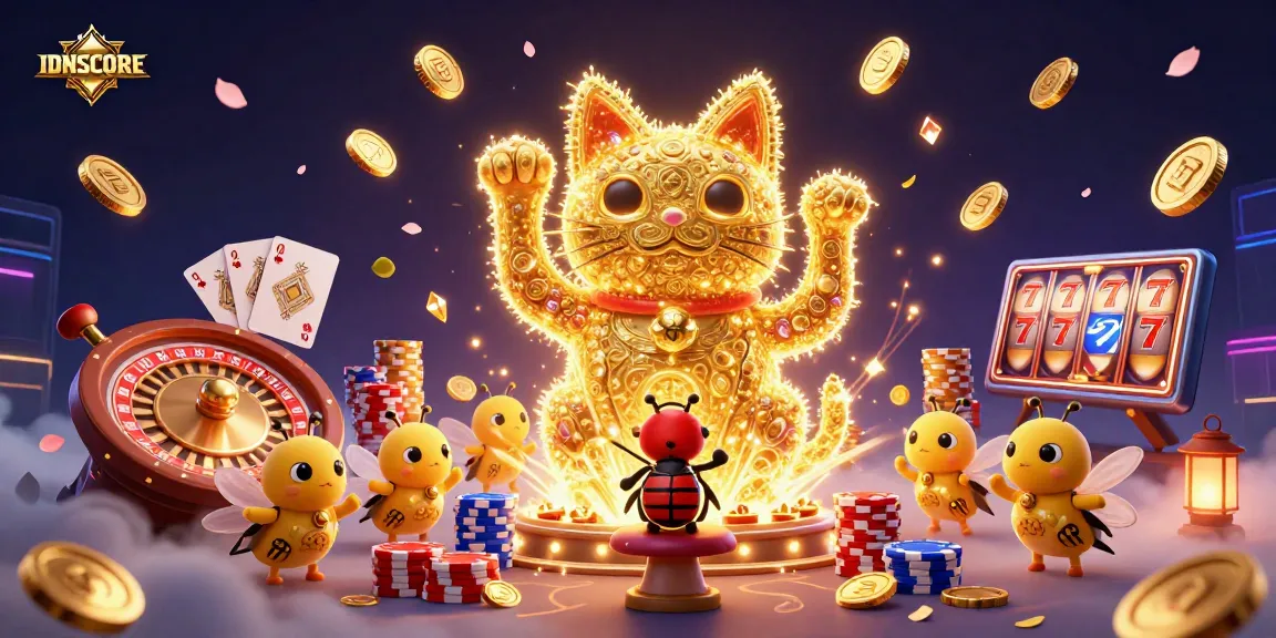 Experience winning at IDNSCORE with a vibrant 3D casino scene featuring a lucky cat and dynamic game elements.