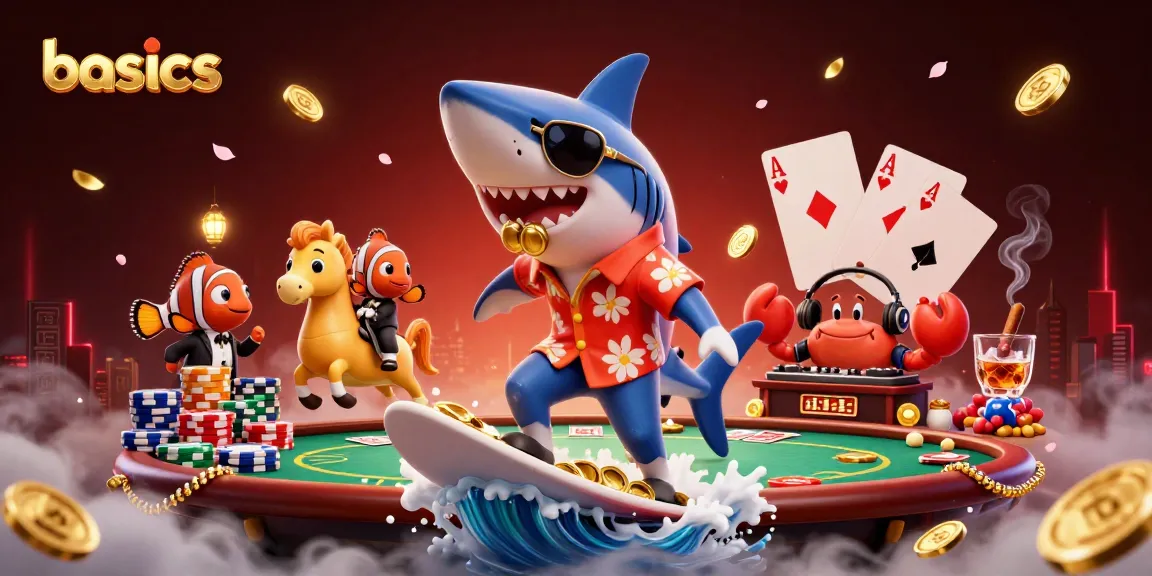 Experience the basics of casino gaming with vibrant characters riding waves of gold coins and poker elements.