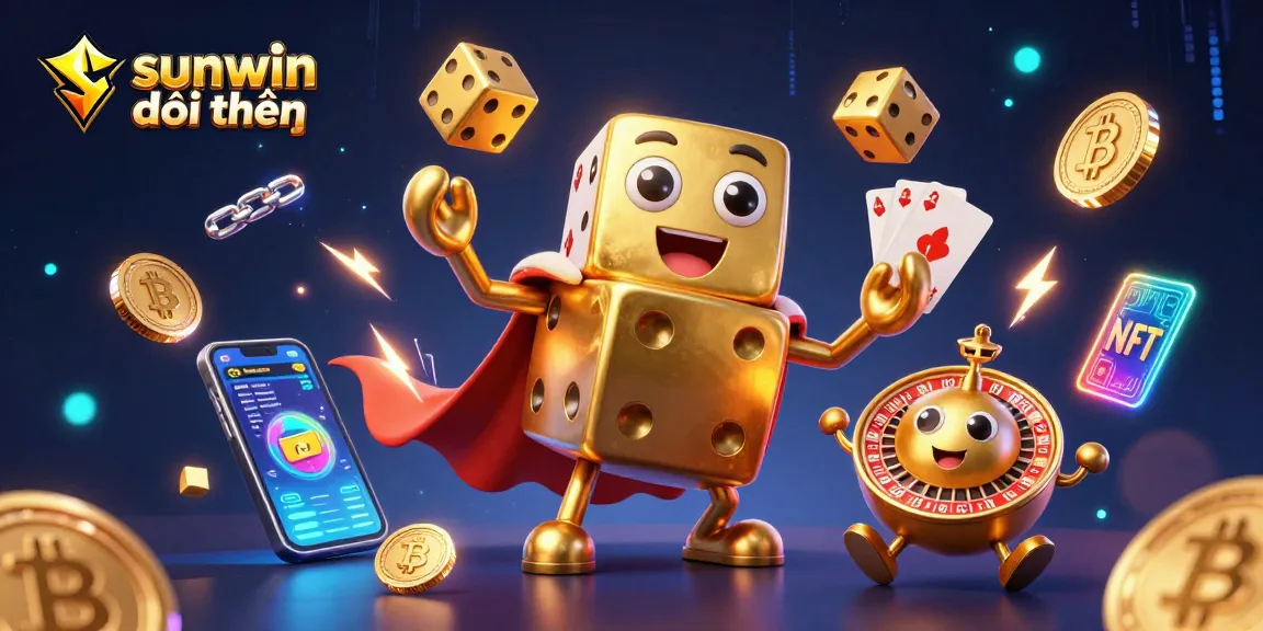 Engaging scene depicting sunwin đổi thưởng with golden dice golem and crypto elements, perfect for gamblers