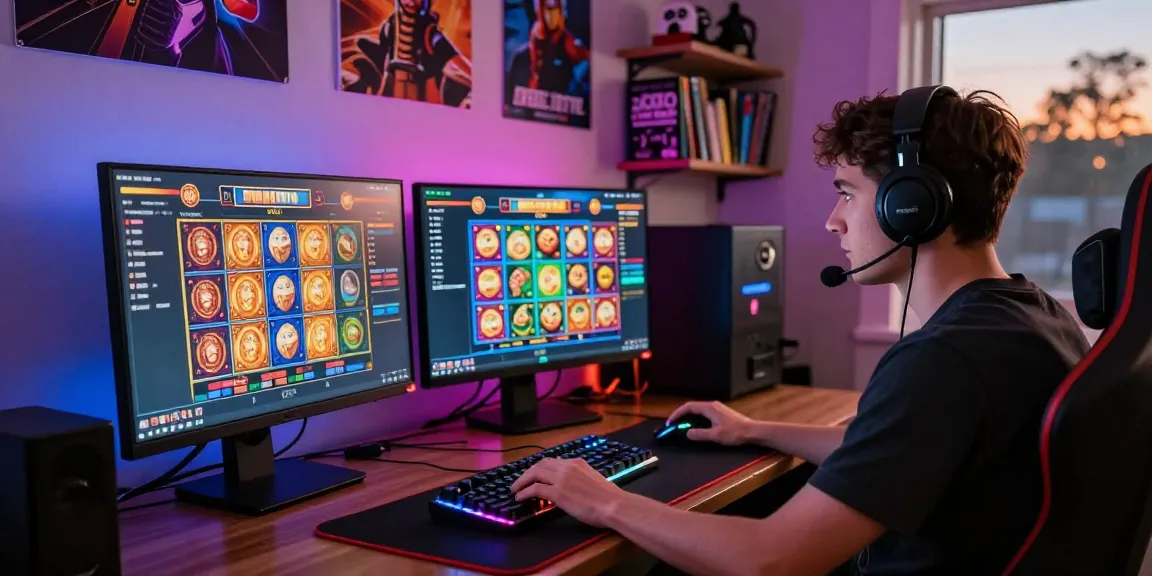 Player engaged in toto slot gaming, vibrant graphics and accessories in a cozy room.