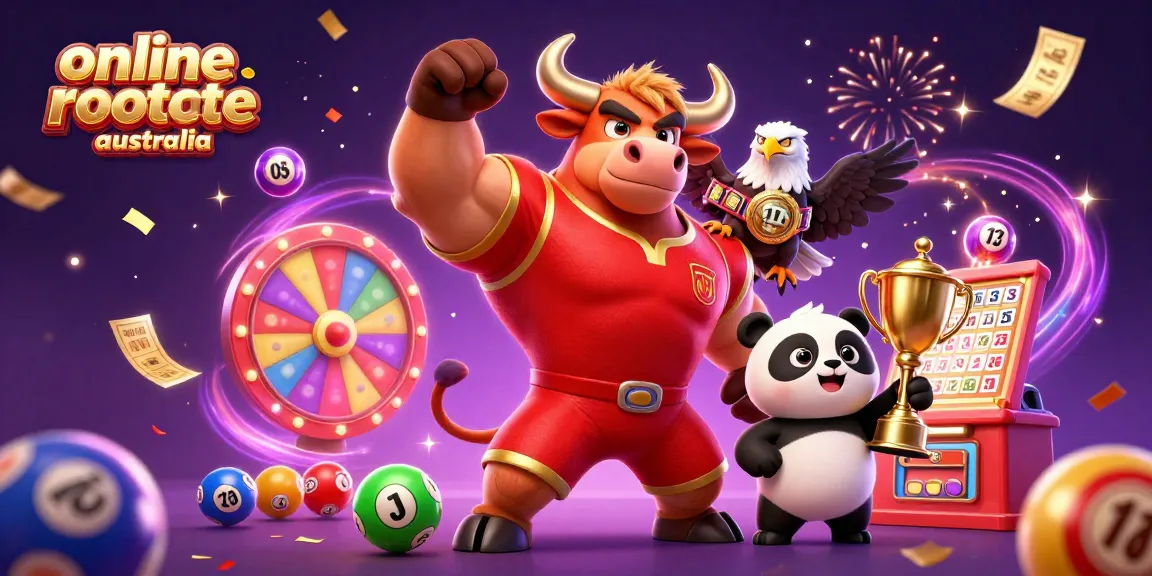 Experience online roulette Australia with a dynamic scene featuring a winning bull mascot, eagle, and panda amidst celebration elements.