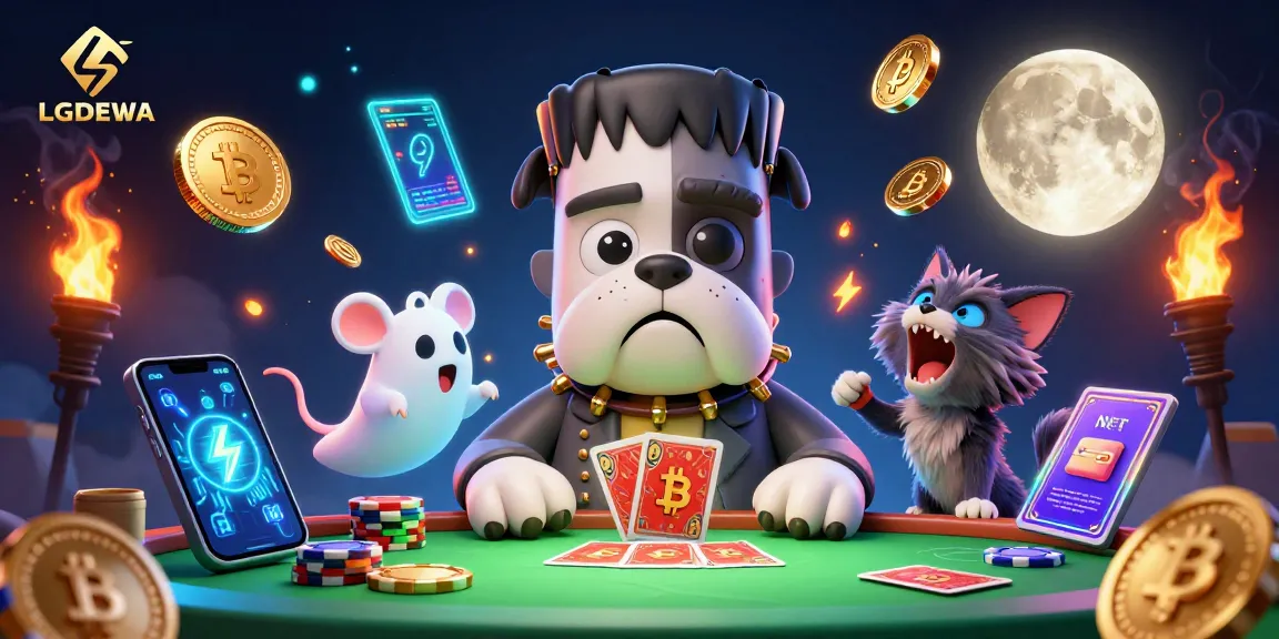 LGODEWA casino scene highlights a 3D Frankenstein bulldog dealing cards amidst crypto elements.