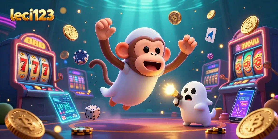 Engage with leci123's dynamic gaming environment in a vibrant casino, featuring a playful monkey and a curious puppy.