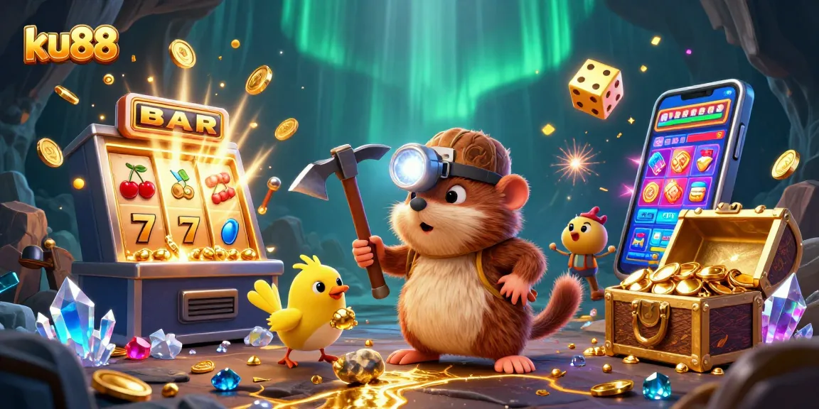 Play slots with ku88 surrounded by vibrant casino elements and a lucky treasure hunter illustration.