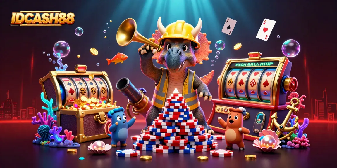 IDCASH88 features a dynamic casino scene with cartoon characters celebrating a poker chips pyramid.