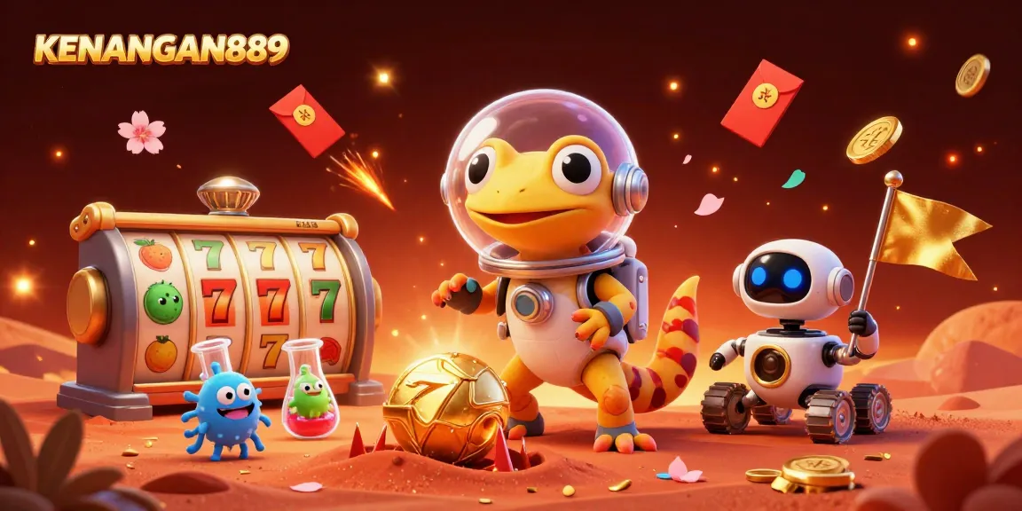 KENANGAN889 showcases an exciting slot experience with a Martian gecko discovering a golden casino.